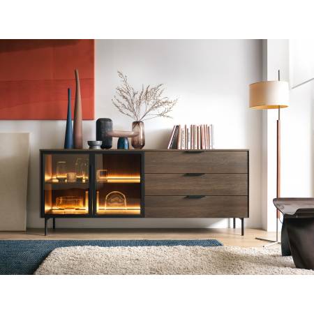 Komoda 180 cm z szufladami + LED przeszklona LIMA dąb dunin + czarny